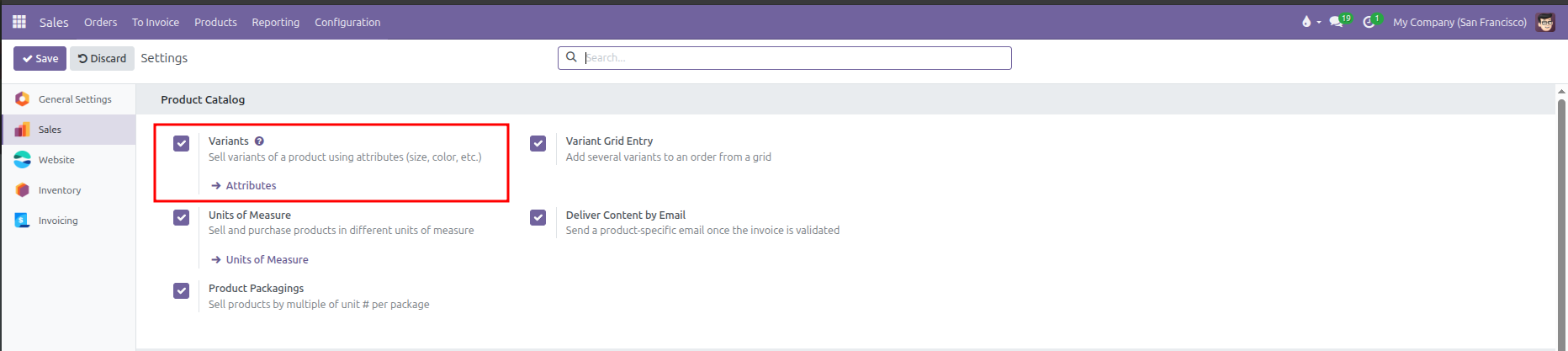 Enabling product variants in sales settings under product catalog