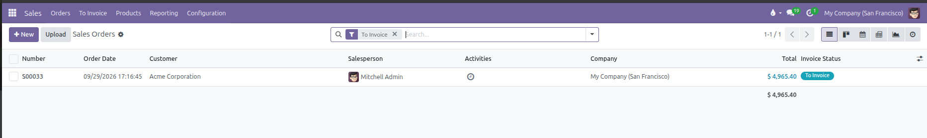 Sales orders list with To Invoice search filter applied