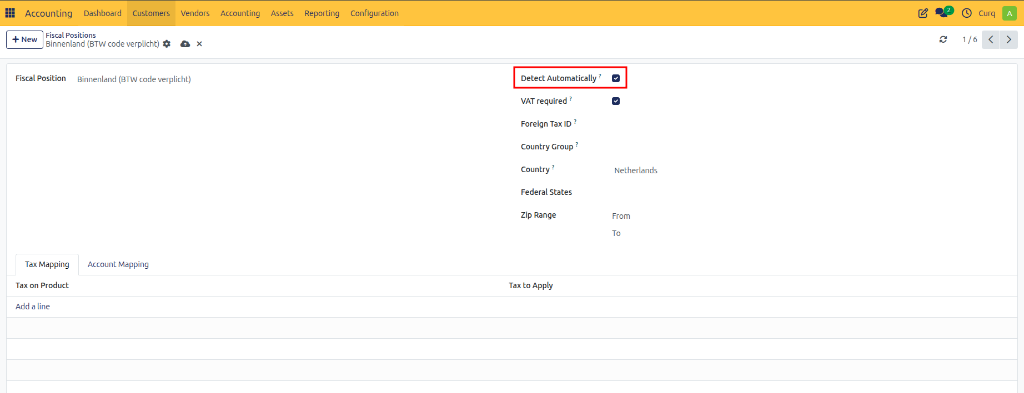 Fiscal Position – Automatic Detection Settings
