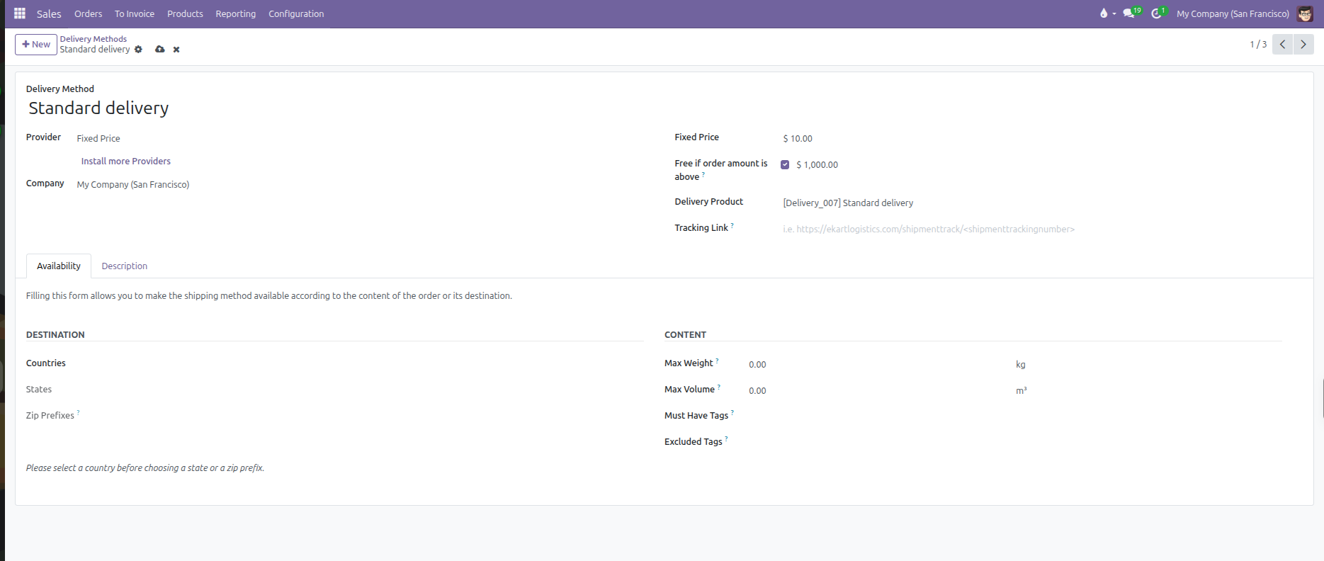 Fixed price delivery method configuration form showing provider, price, free shipping threshold, and availability tab