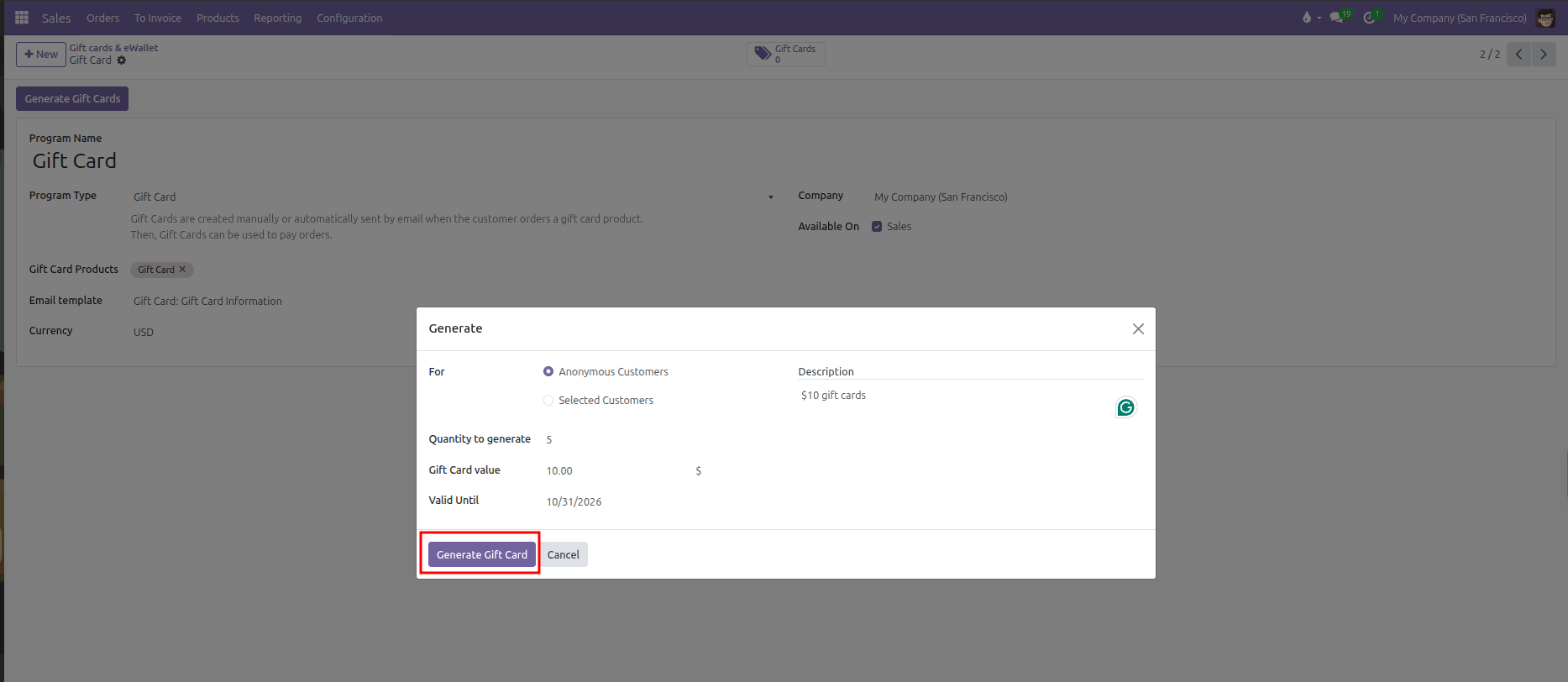 Generate gift cards modal showing anonymous customer distribution, card value, quantity, and expiration date