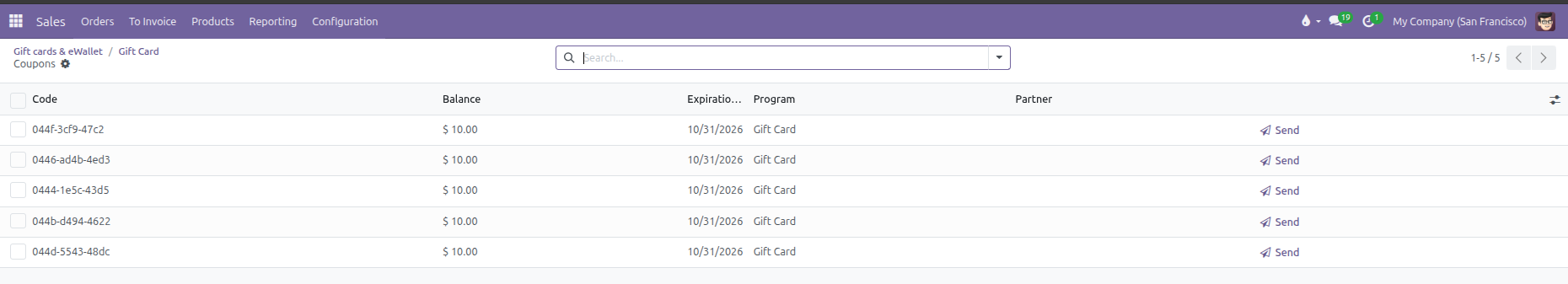 Gift card codes list view showing unique codes, balances, expiration dates, and Send email action