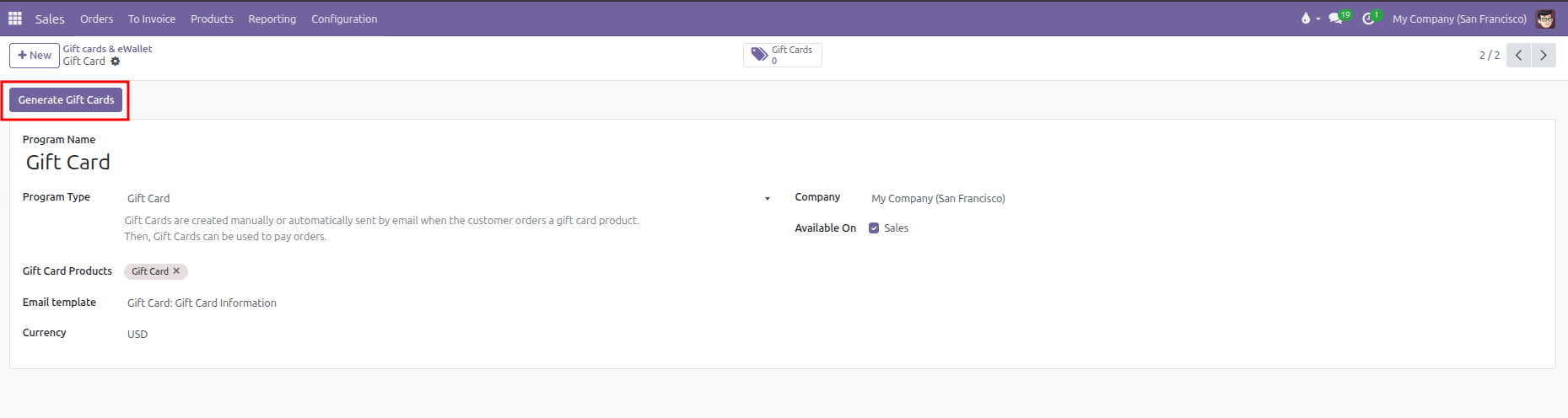 Gift Card program configuration form showing program parameters, email template, and Generate Gift Cards button