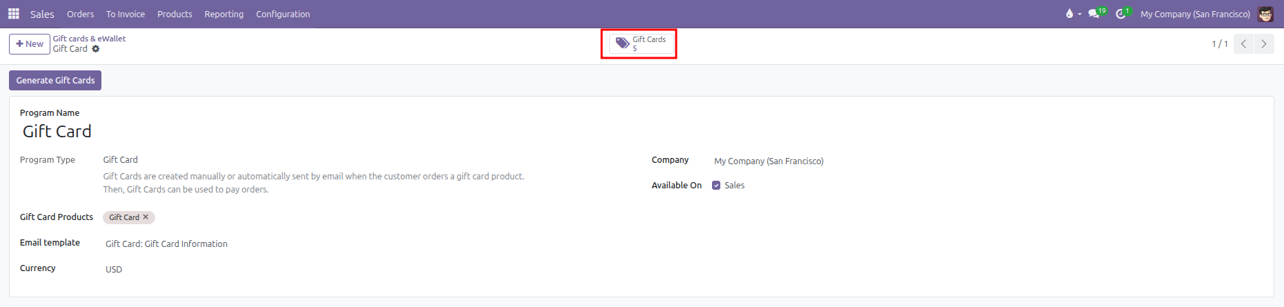 Gift card program form showing updated Gift Cards stat button with 5 cards