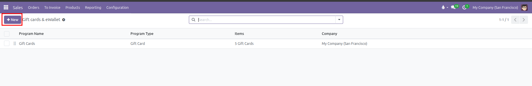 Gift cards and eWallet programs list view showing existing gift card programs and New button