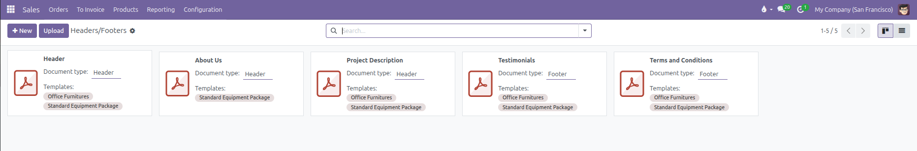 Headers and Footers Kanban view showing document types and linked templates