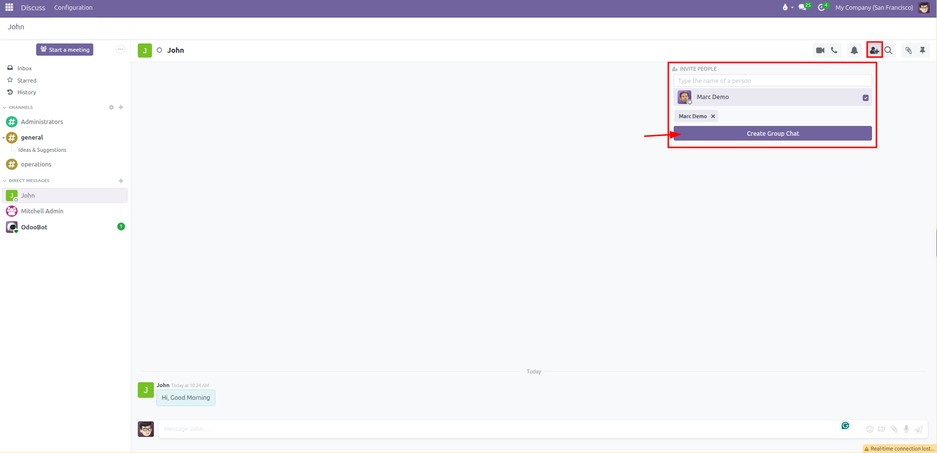 Invite colleagues popover in direct chat showing search input and Create Group Chat button