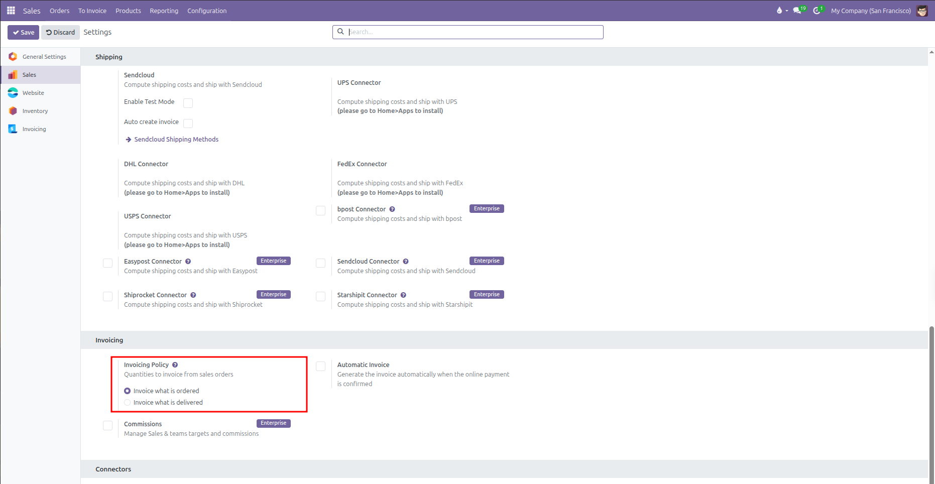 Configure default Invoicing Policy in Sales settings