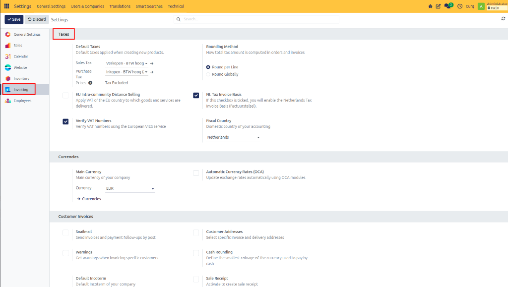 Invoicing Taxes Settings