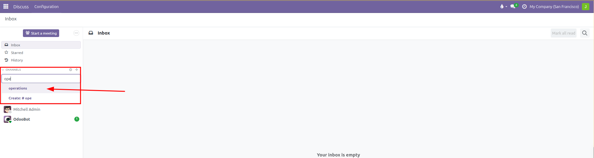 Sidebar channel search showing matching existing operations channel suggestion