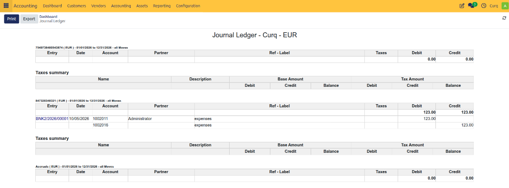 Journal Ledger Report Output