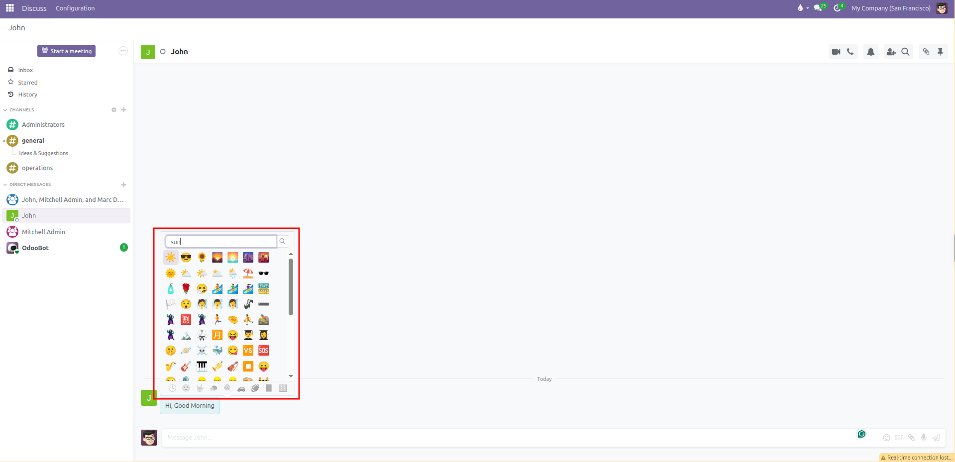 Emoji reaction search picker showing matching icons for quick selection
