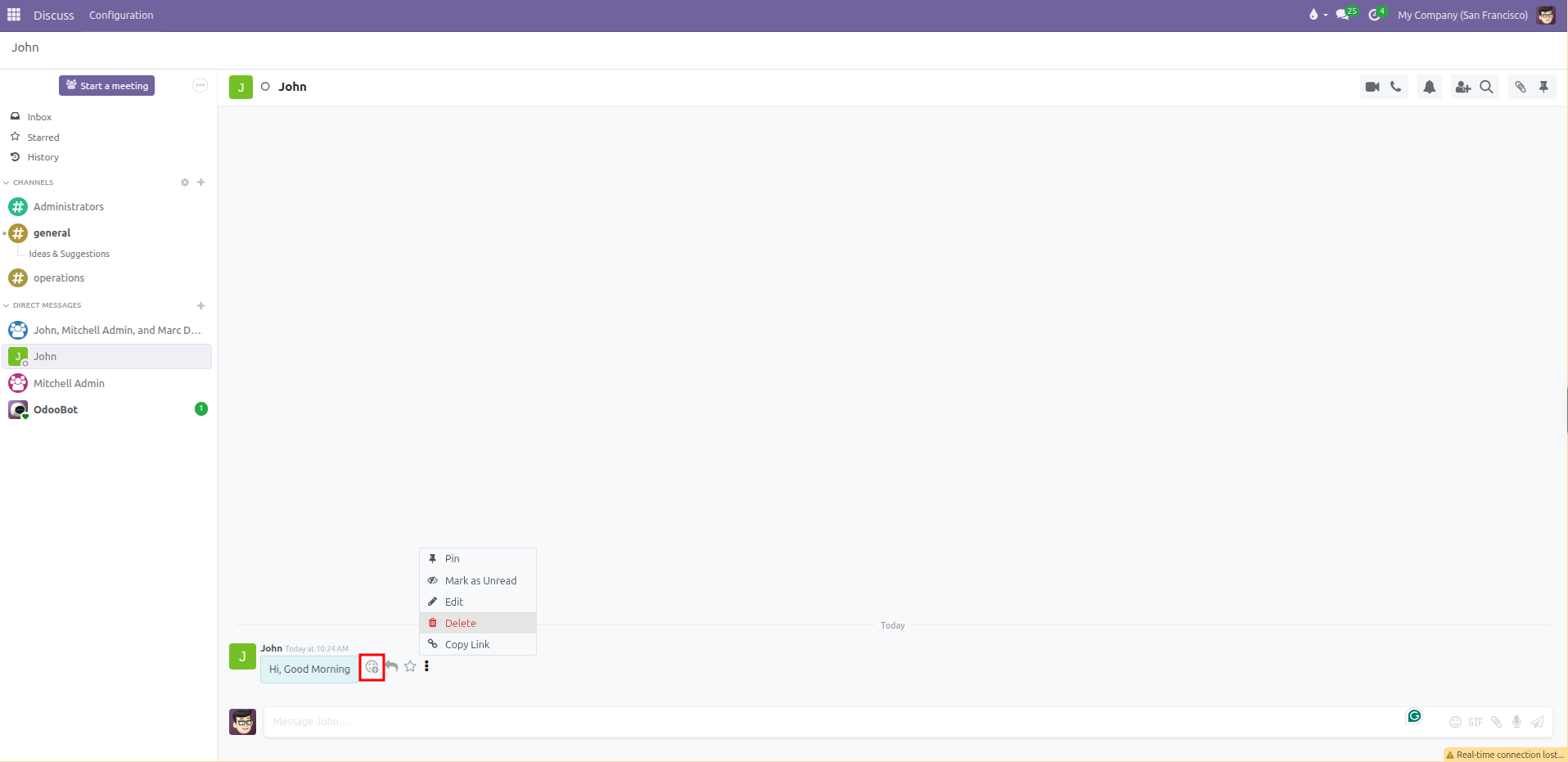 Message hover actions showing emoji reaction, quote, star, and three-dots menu