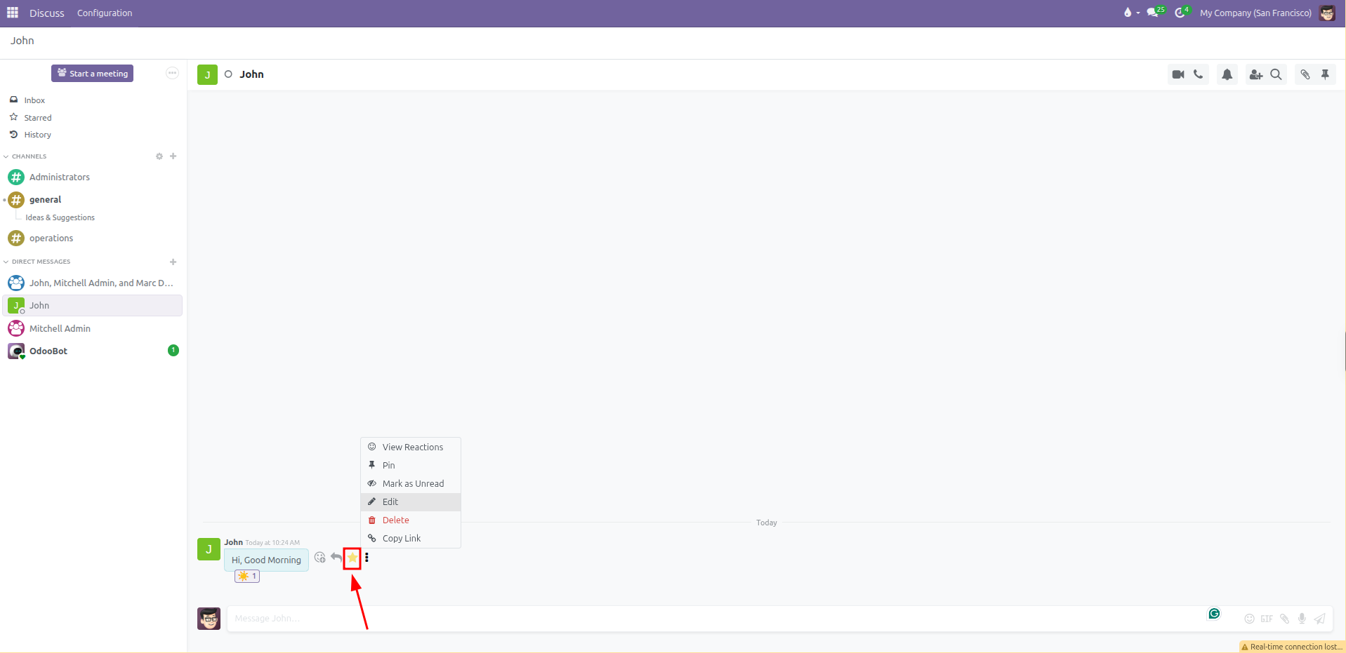 Chat message showing the yellow highlighted star bookmark icon