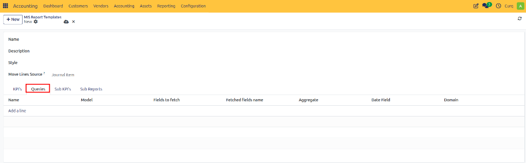 MIS Report Templates Queries Tab