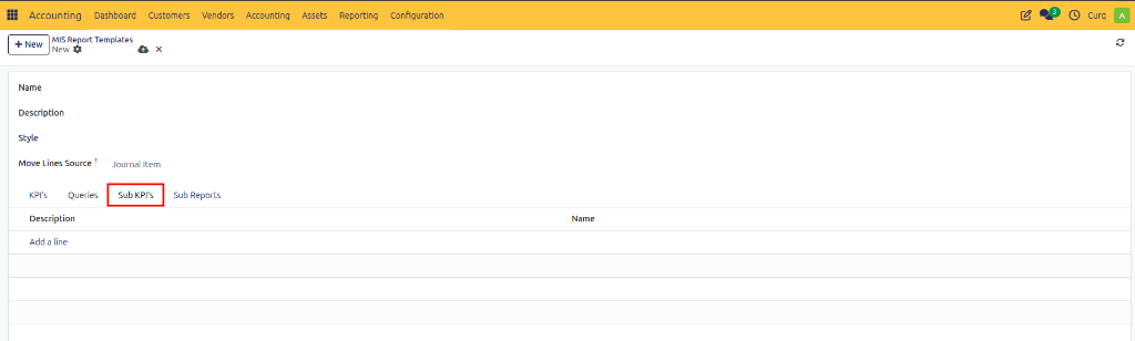 MIS Report Templates Sub KPIs Tab