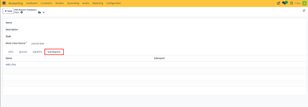 MIS Report Templates Sub Reports Tab