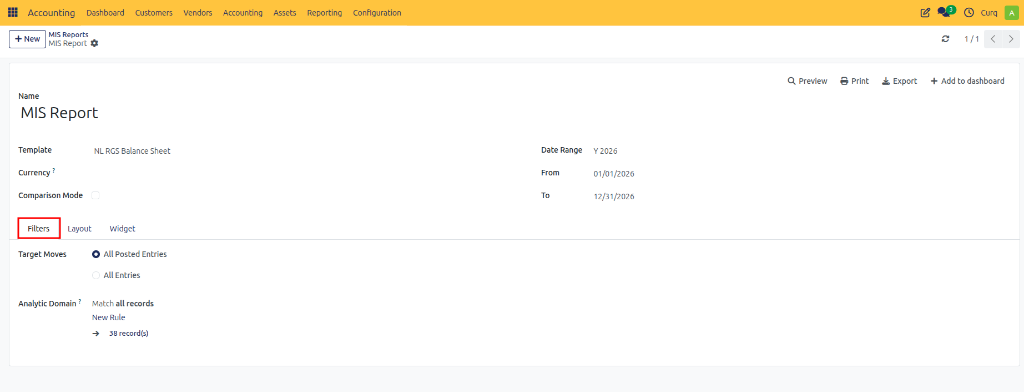 MIS Reports Filters Tab
