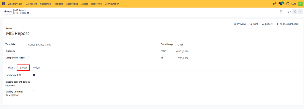 MIS Reports Layout Tab