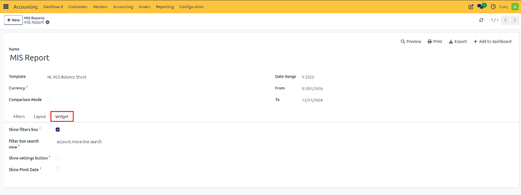 MIS Reports Widget Tab