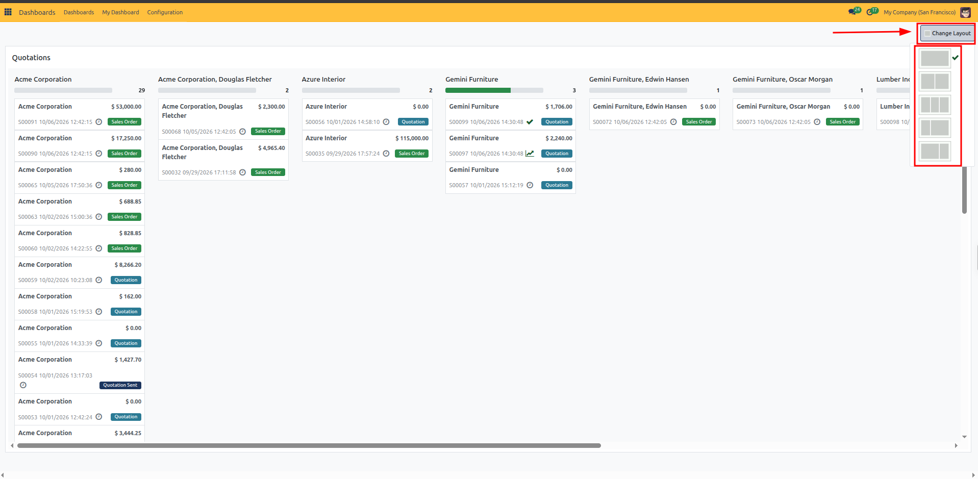 Select a column layout in My Dashboard