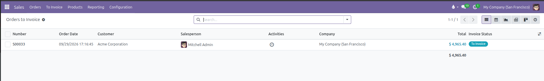 Orders to Invoice list view showing order number, customer, total, and To Invoice status