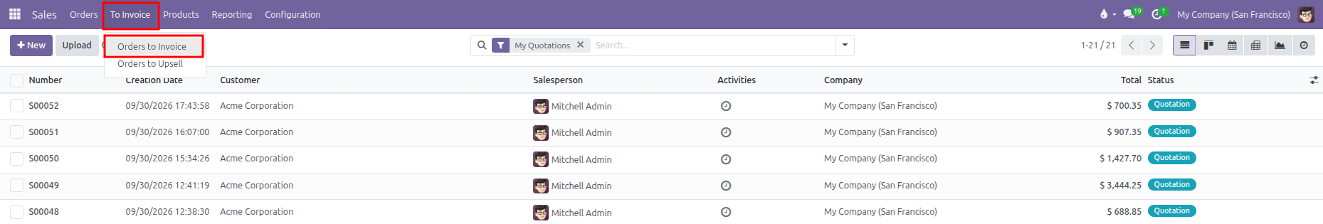 To Invoice navigation dropdown showing Orders to Invoice and Orders to Upsell