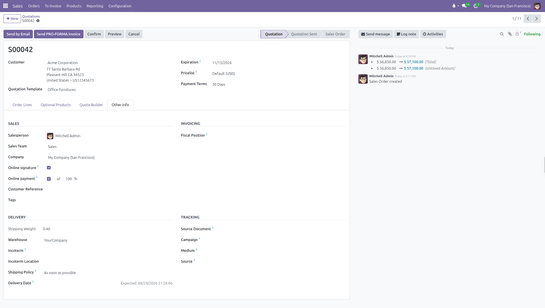 Other Info tab with sales, delivery, invoicing, and tracking options