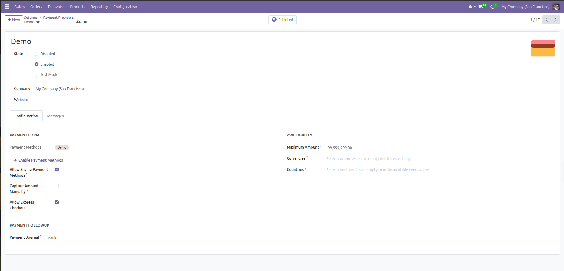 Payment provider form showing state selection and configuration tab options