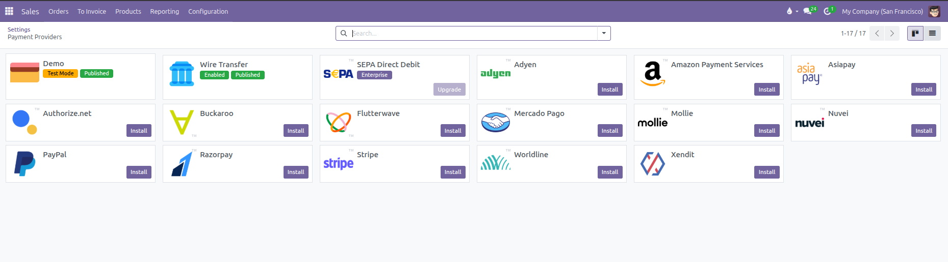 Payment providers kanban view showing available gateways including Demo and Wire Transfer