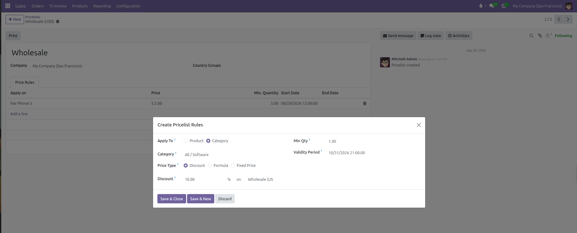 Create Pricelist Rules modal showing Apply To set to Category with a 10 percent discount