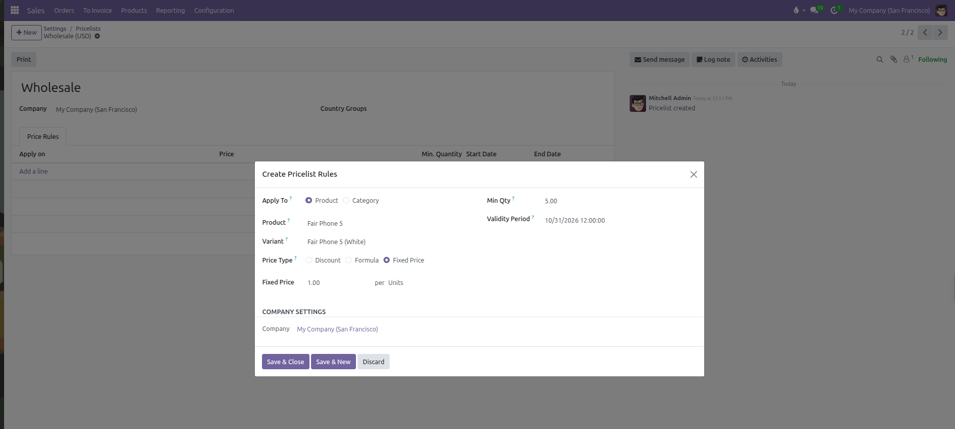 Create Pricelist Rules modal showing Product scope, variant selection, fixed price, and quantity limits