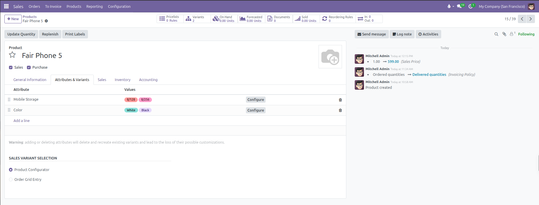 Attributes and Variants tab on product form with attributes table, variant selection mode, and variants stat button