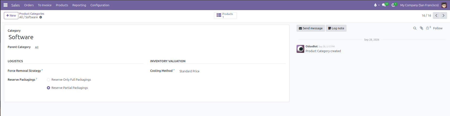 Product Category form view showing name, parent category, logistics, and costing method
