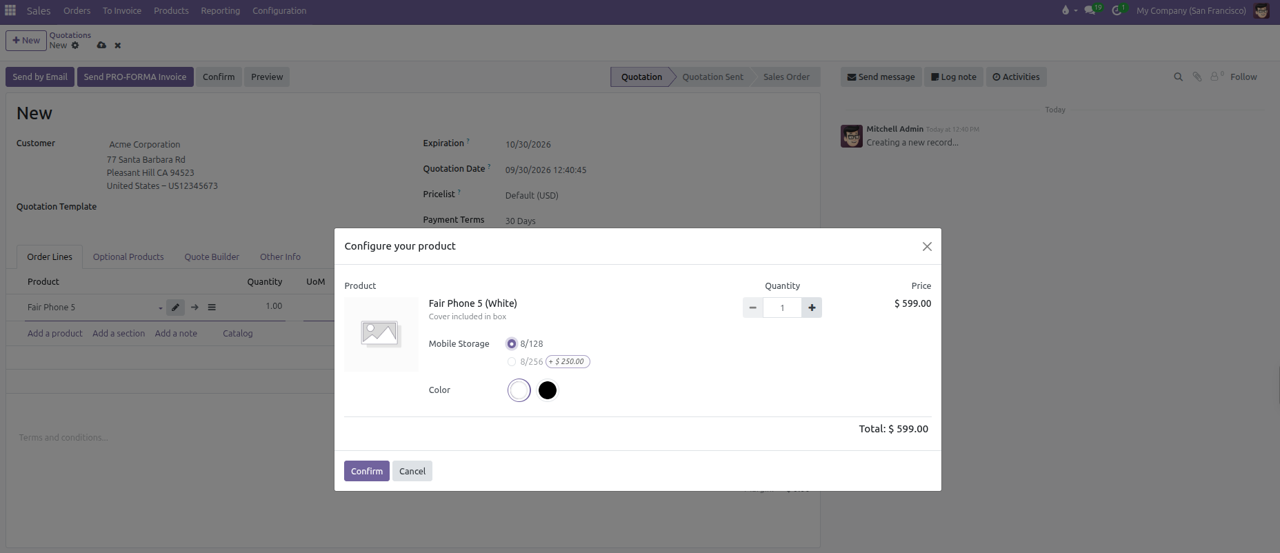 Configure your product pop up modal on quotation line showing mobile storage options with price extra badge and color swatches