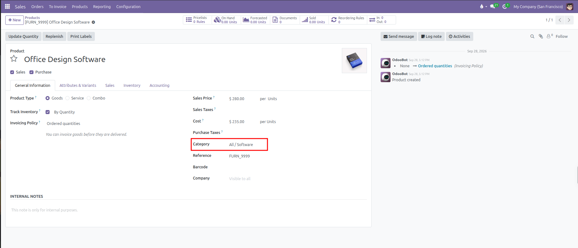 Product template form showing Category field assigned under General Information tab