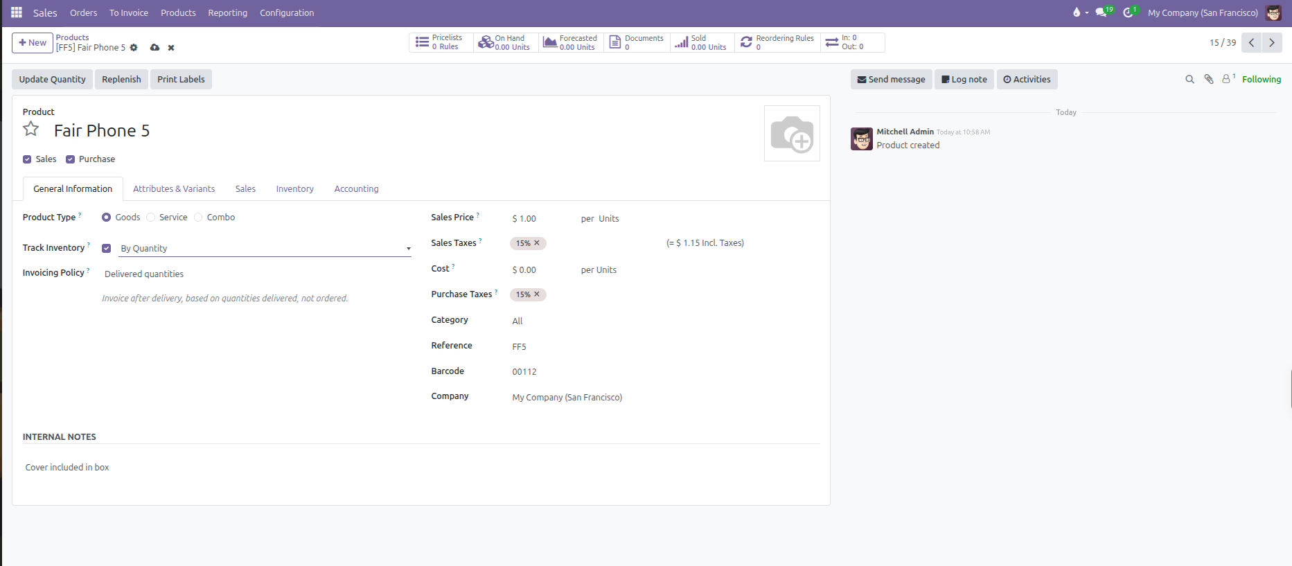 Product configuration form showing General Information tab, product types, pricing, and internal notes
