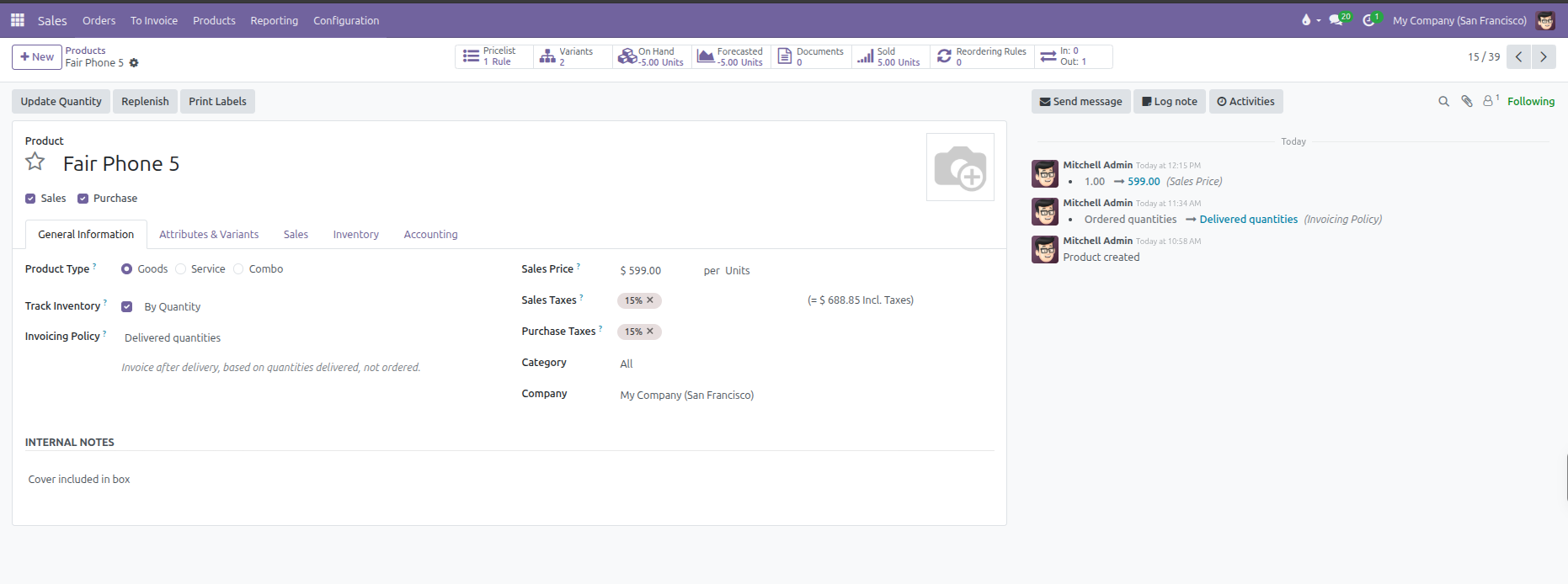 Product detail form showing General Information, Attributes & Variants, and Sales tabs