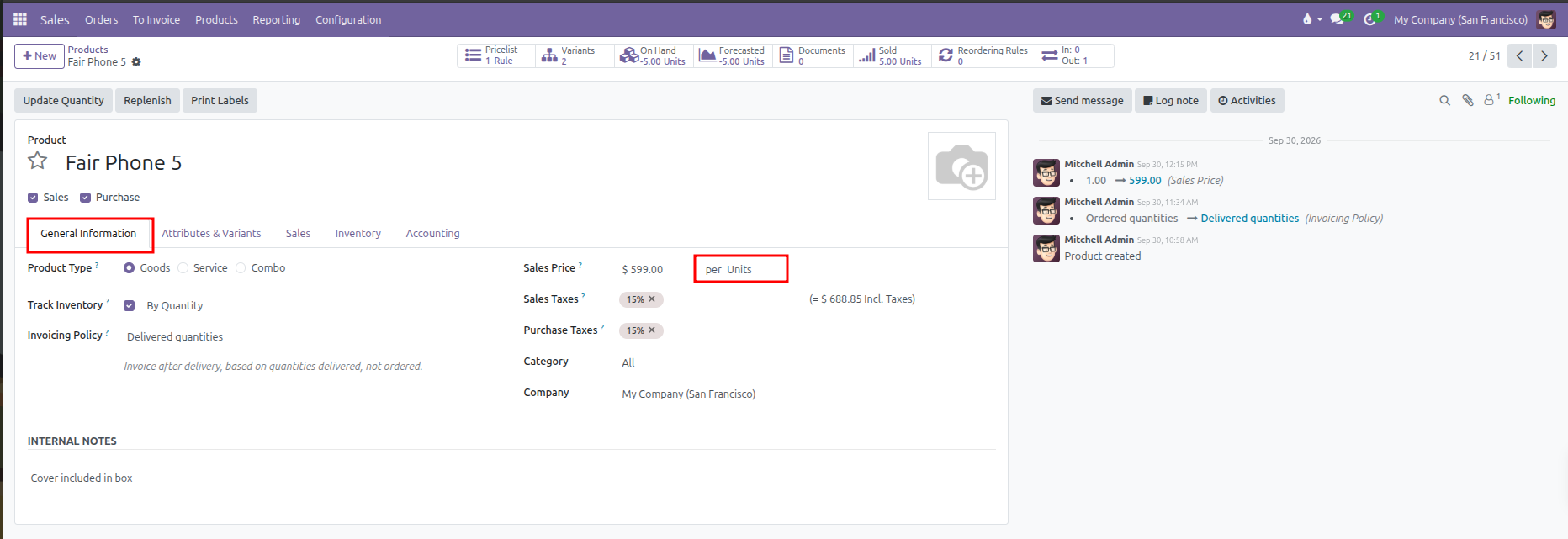 Product template form showing General Information tab with inline Unit of Measure highlighted next to Sales Price