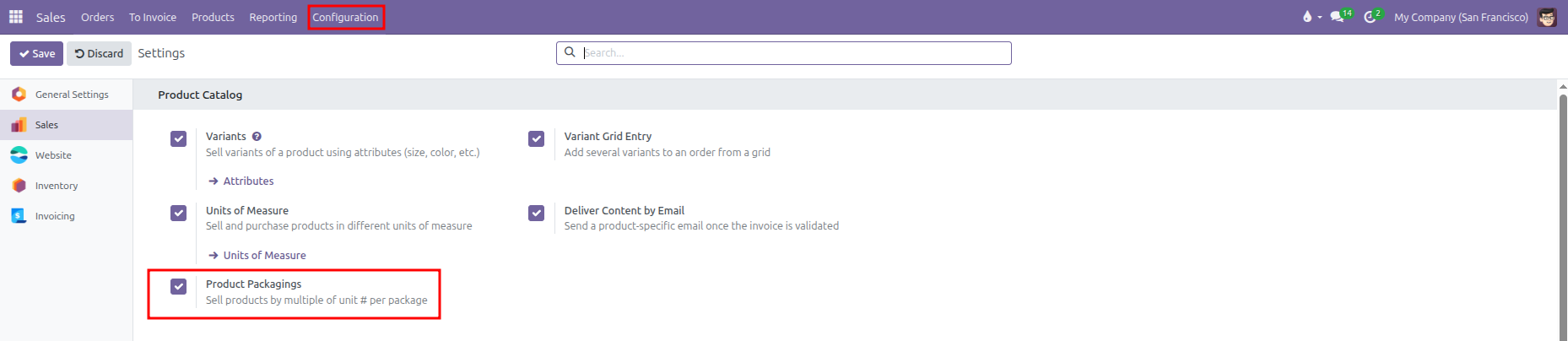 Enable Product Packagings in Sales settings
