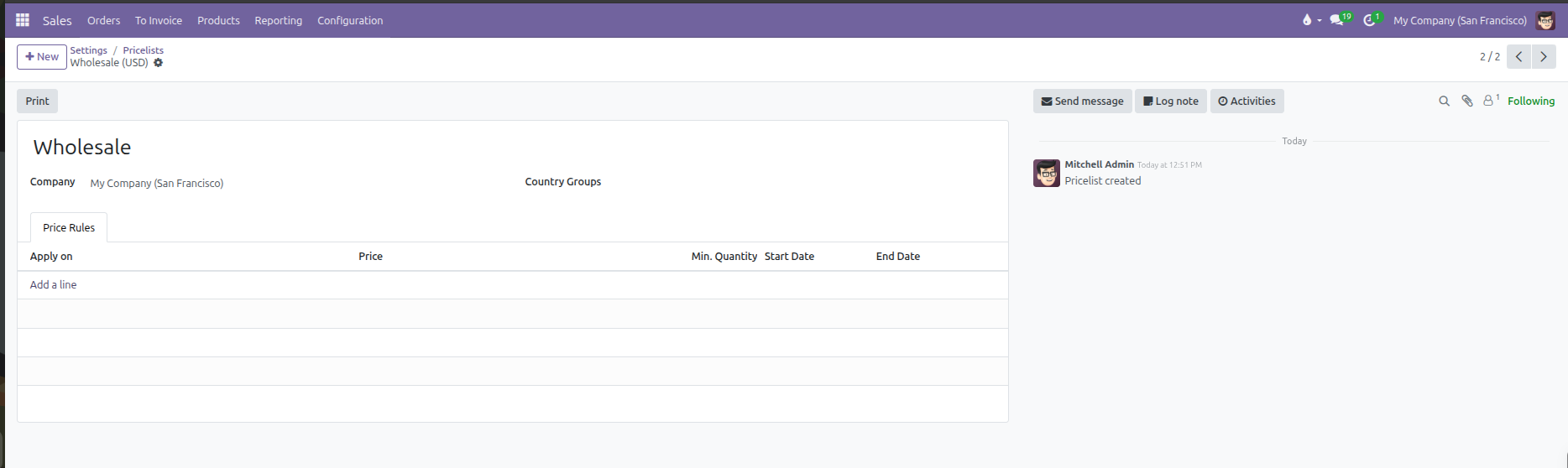 Pricelist configuration form showing company, country groups, and price rules tab