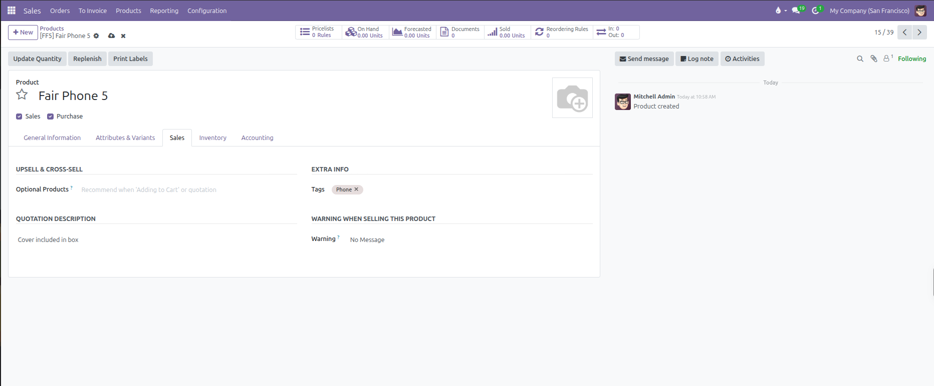 Sales tab options showing upsell products, extra info tags, quotation description, and sales warnings