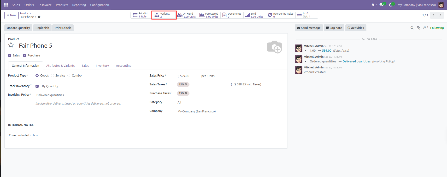 Product template form showing Variants stat button highlighted in red header