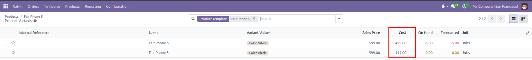 Product variants list view showing Cost column highlighted in red with variant costs
