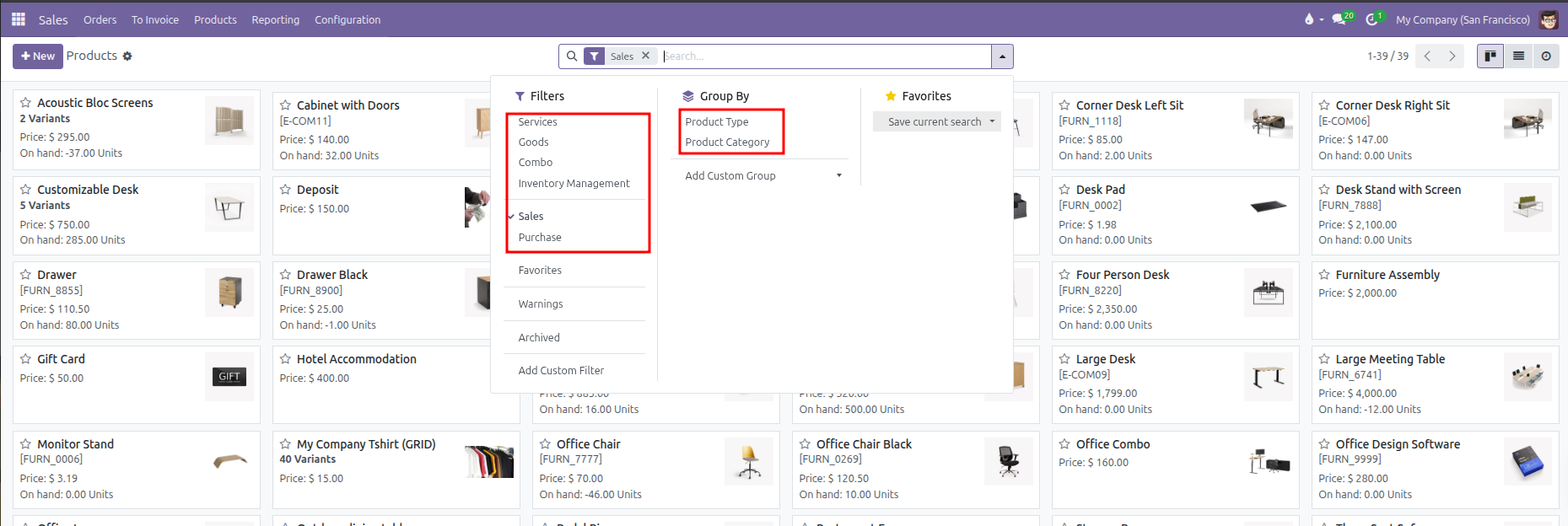 Products search bar dropdown showing Filters and Group By options highlighted