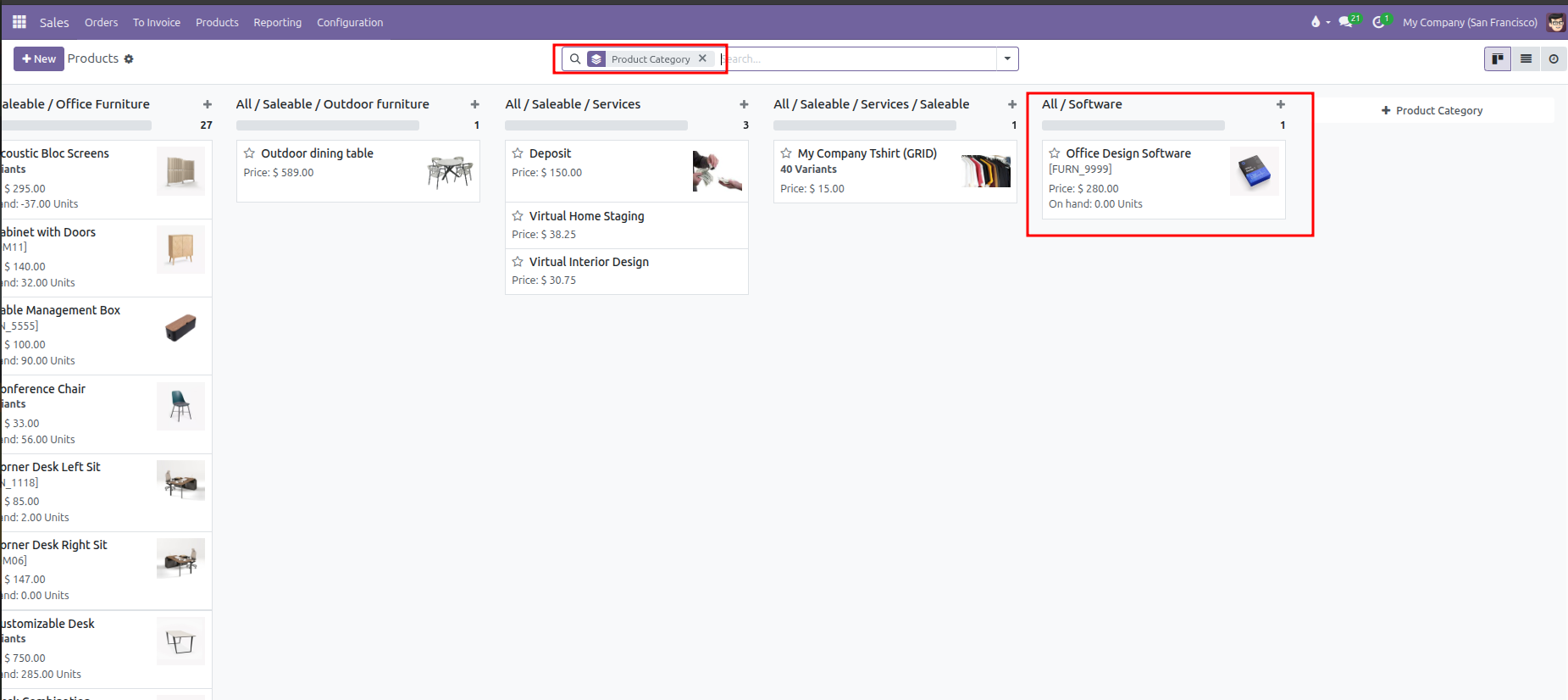 Products Kanban view grouped by Product Category showing Software category column