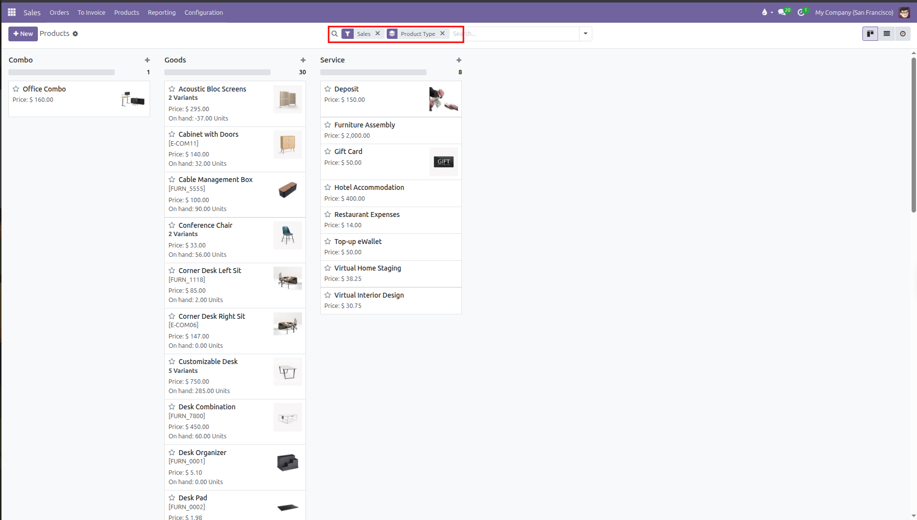 Products catalog grouped by Product Type showing Combo, Goods, and Service columns