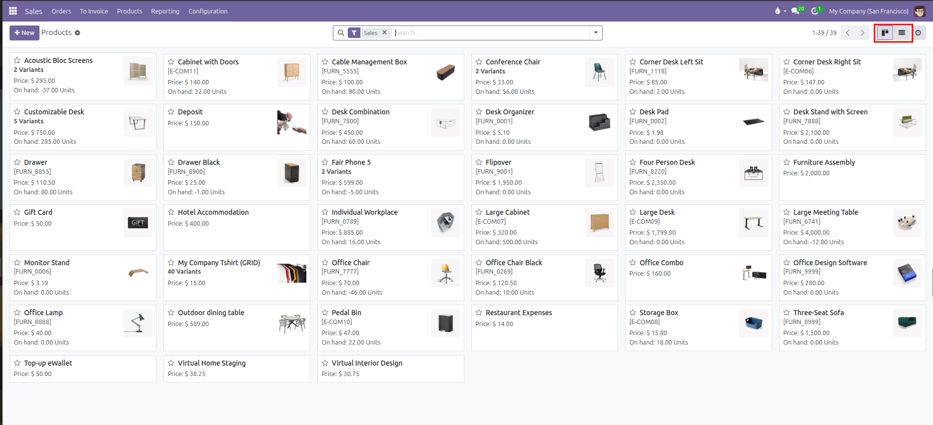 Products catalog in Kanban card view with Kanban and List view switcher icons highlighted