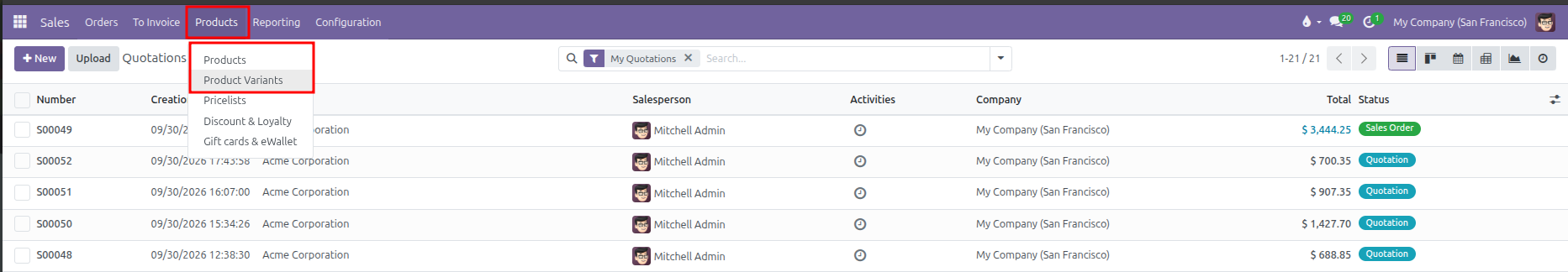 Products navigation menu dropdown showing Products and Product Variants highlighted