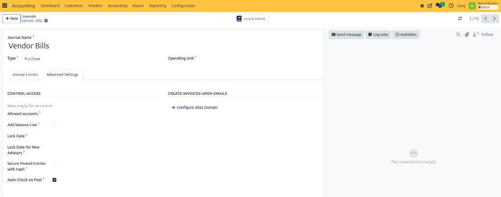 Purchase Journal Advanced Settings